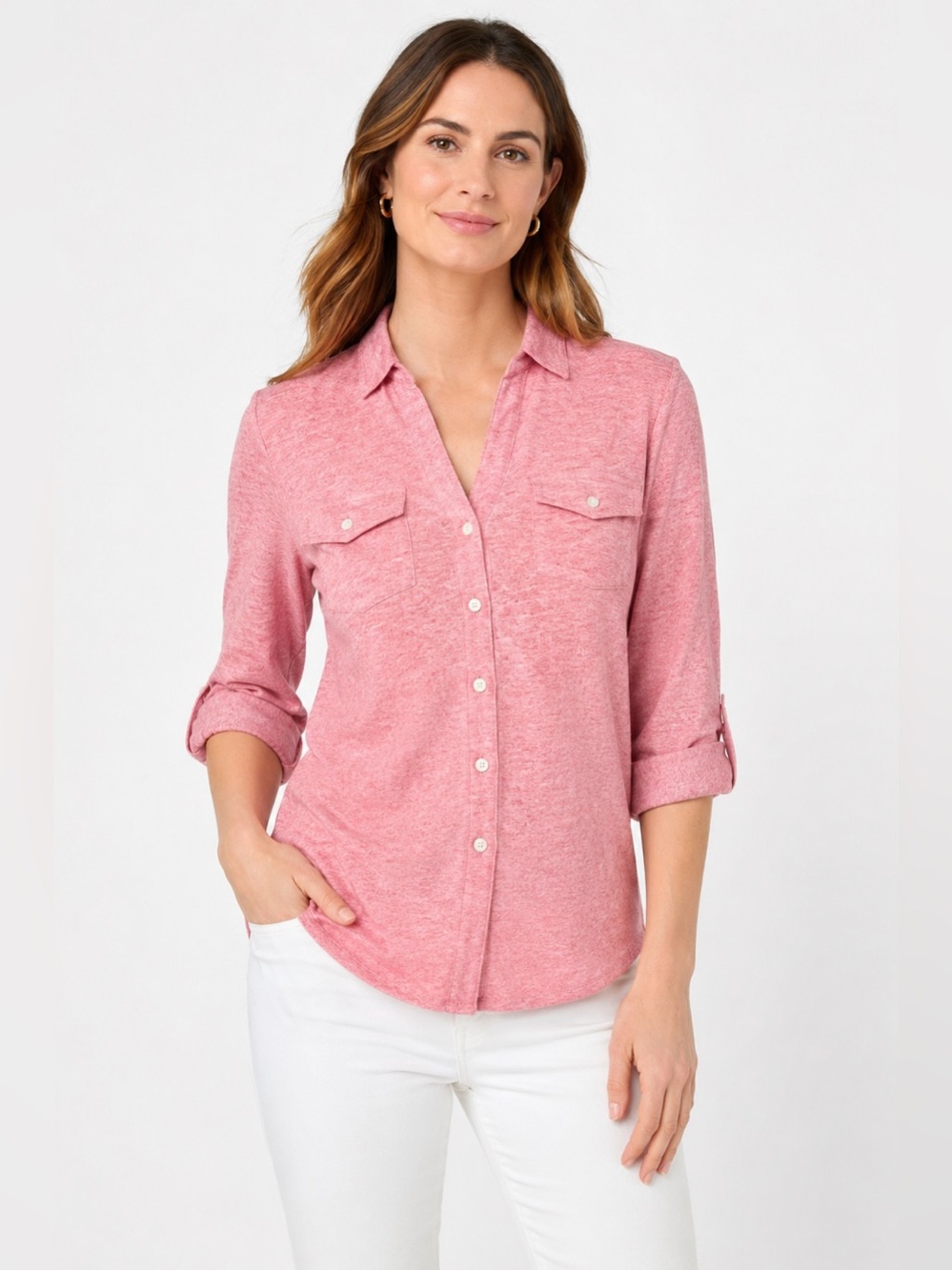 J McLaughlin Brynn Linen Blend Pink Roll Tab Shirt Coastal Casual Large